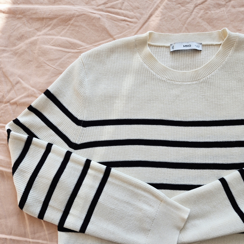 Mango Women's Striped Cream and Black Sweater